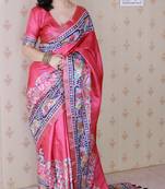 Pink printed tussar silk printed saree with blouse