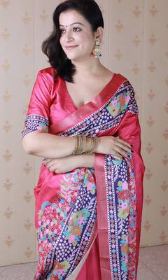 Pink printed tussar silk printed saree with blouse 2