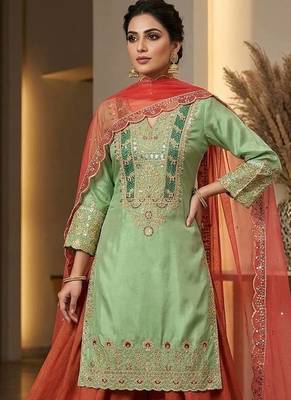 Mint Green Cording & Sequins Kurta Set with Rust Plazzo & Coral Organza Dupatta 1