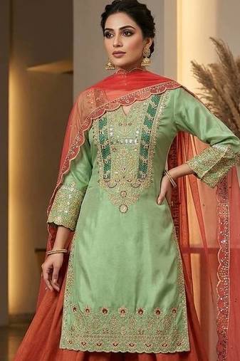 Mint Green Cording & Sequins Kurta Set with Rust Plazzo & Coral Organza Dupatta