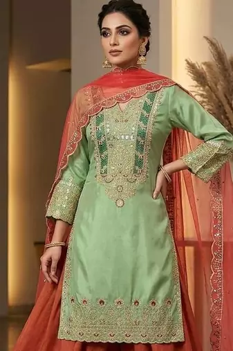 Mint Green Cording & Sequins Kurta Set with Rust Plazzo & Coral Organza Dupatta
