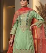 Mint Green Cording & Sequins Kurta Set with Rust Plazzo & Coral Organza Dupatta
