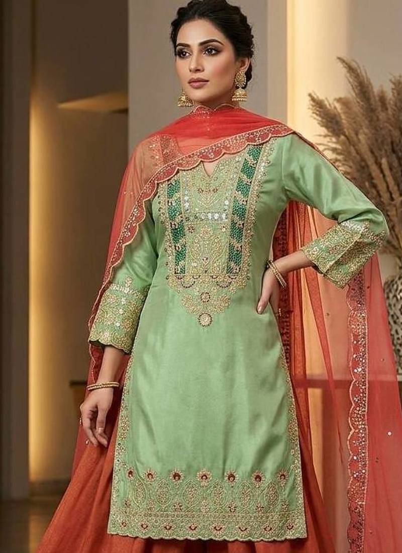 Mint Green Cording & Sequins Kurta Set with Rust Plazzo & Coral Organza Dupatta