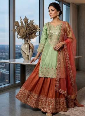 Mint Green Cording & Sequins Kurta Set with Rust Plazzo & Coral Organza Dupatta 2