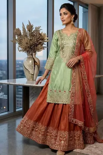 Mint Green Cording & Sequins Kurta Set with Rust Plazzo & Coral Organza Dupatta