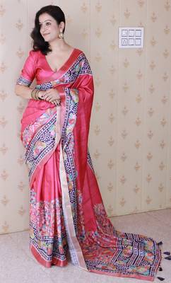 Pink printed tussar silk printed saree with blouse 3