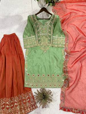 Mint Green Cording & Sequins Kurta Set with Rust Plazzo & Coral Organza Dupatta 3