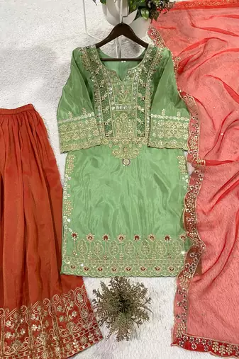 Mint Green Cording & Sequins Kurta Set with Rust Plazzo & Coral Organza Dupatta