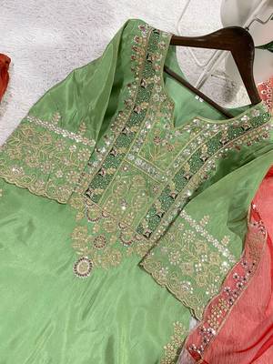 Mint Green Cording & Sequins Kurta Set with Rust Plazzo & Coral Organza Dupatta 4