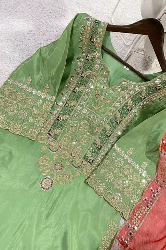 Mint Green Cording & Sequins Kurta Set with Rust Plazzo & Coral Organza Dupatta