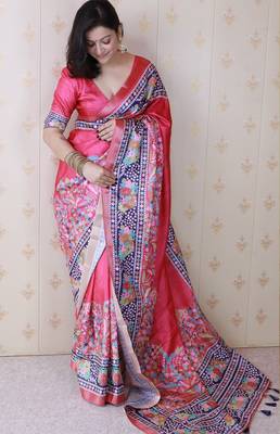 Pink printed tussar silk printed saree with blouse 4