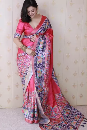 Pink printed tussar silk printed saree with blouse