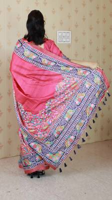 Pink printed tussar silk printed saree with blouse 5
