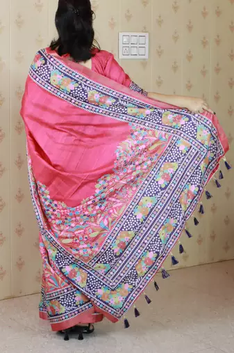 Pink printed tussar silk printed saree with blouse