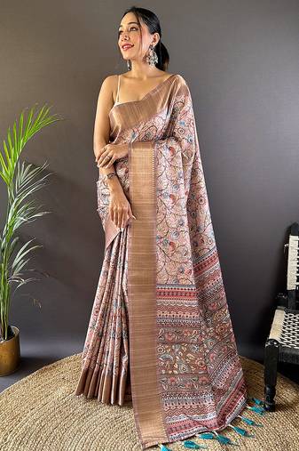 Baby pink printed assam silk printed saree with blouse