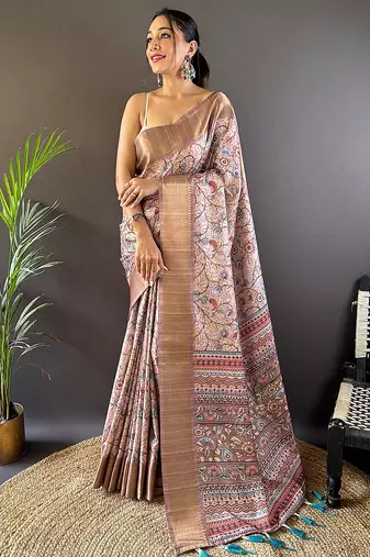 Baby pink printed assam silk printed saree with blouse