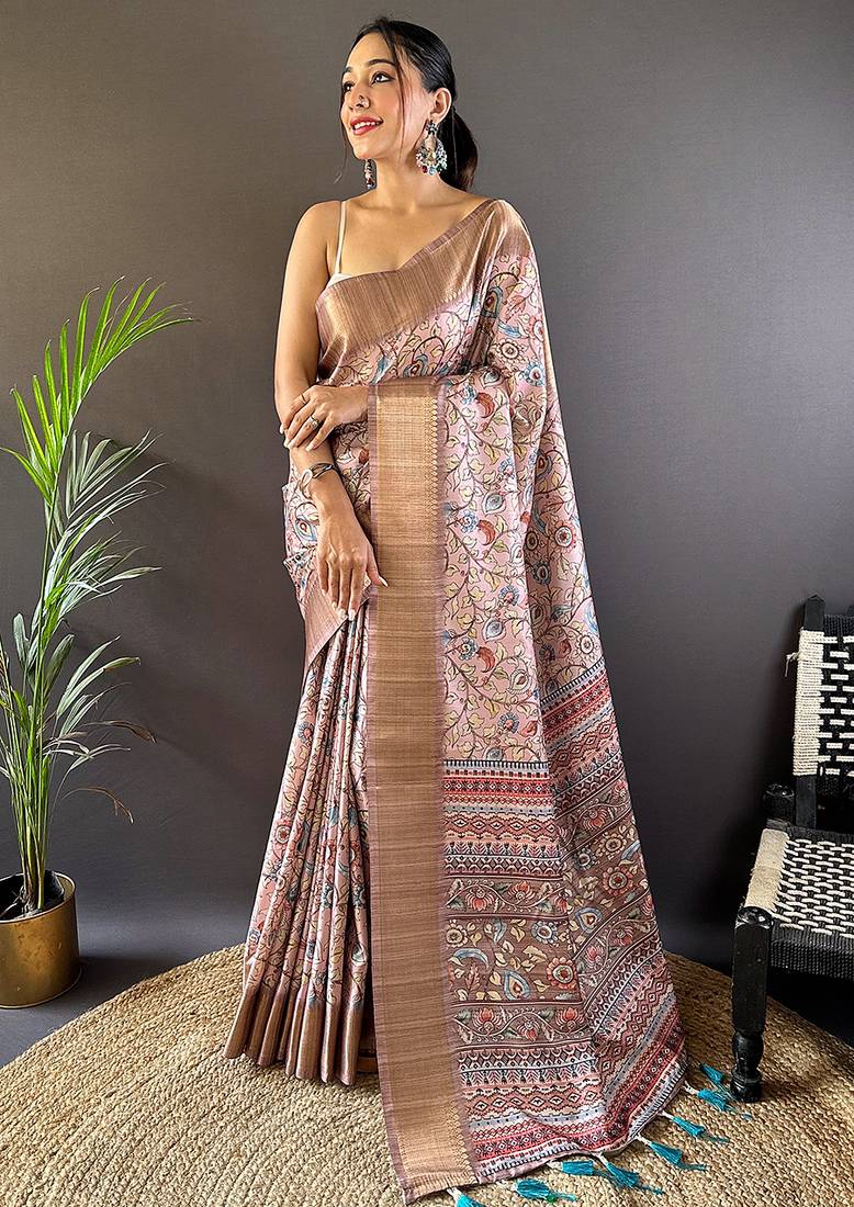 Baby pink printed assam silk printed saree with blouse