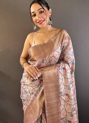 Baby pink printed assam silk printed saree with blouse 2
