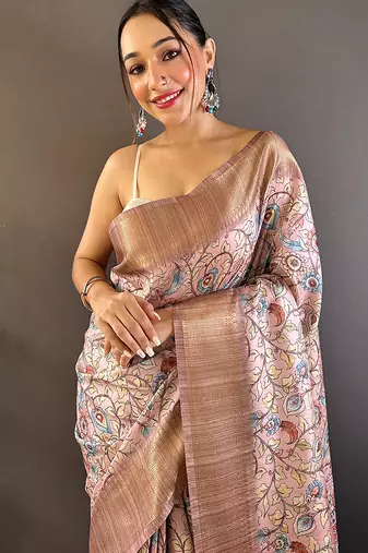 Baby pink printed assam silk printed saree with blouse