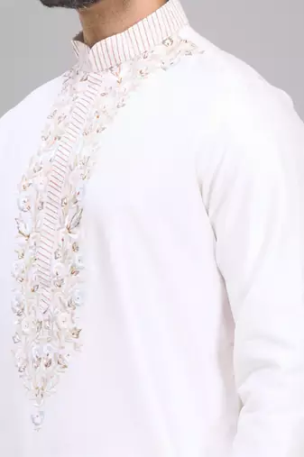 men’s off white silk kurta set with rich embroidery