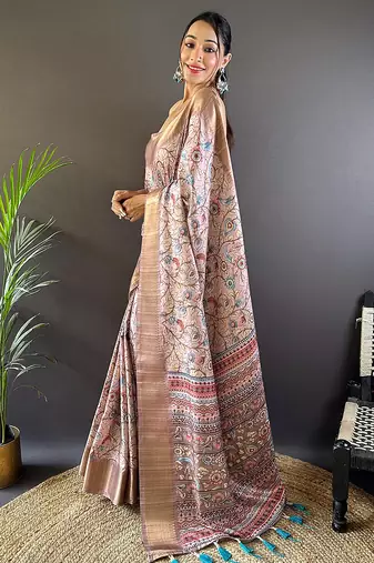 Baby pink printed assam silk printed saree with blouse