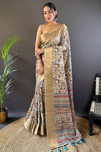 Beige printed assam silk printed saree with blouse