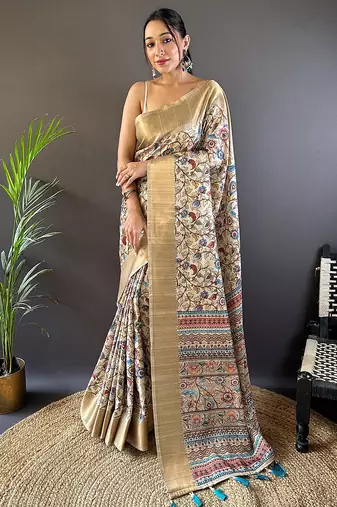 Beige printed assam silk printed saree with blouse