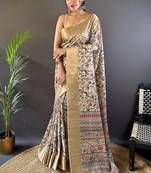 Beige printed assam silk printed saree with blouse