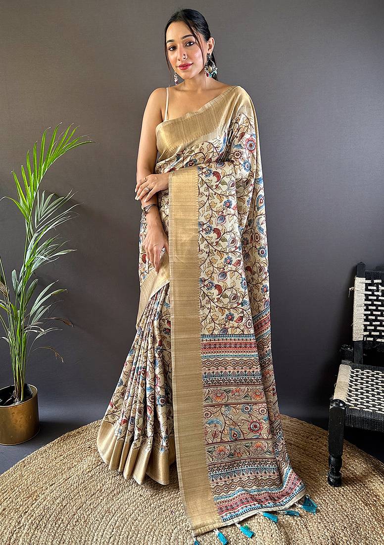 Beige printed assam silk printed saree with blouse