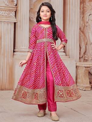  Girls Leheriya Print Embroidered Front Slit Anarkali Kurta and Pant Set 1