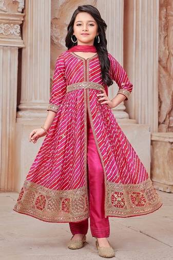  Girls Leheriya Print Embroidered Front Slit Anarkali Kurta and Pant Set