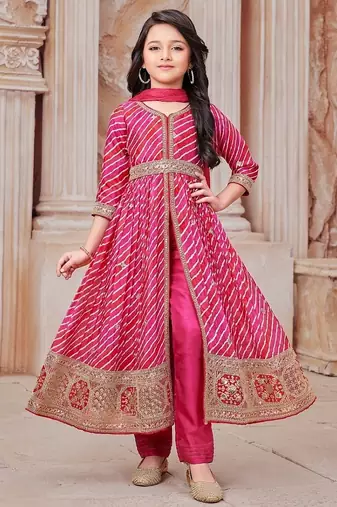  Girls Leheriya Print Embroidered Front Slit Anarkali Kurta and Pant Set