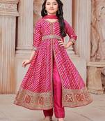  Girls Leheriya Print Embroidered Front Slit Anarkali Kurta and Pant Set