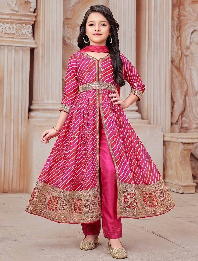  Girls Leheriya Print Embroidered Front Slit Anarkali Kurta and Pant Set