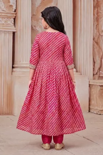  Girls Leheriya Print Embroidered Front Slit Anarkali Kurta and Pant Set