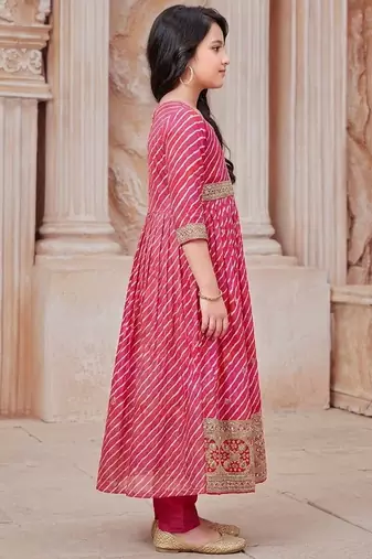  Girls Leheriya Print Embroidered Front Slit Anarkali Kurta and Pant Set