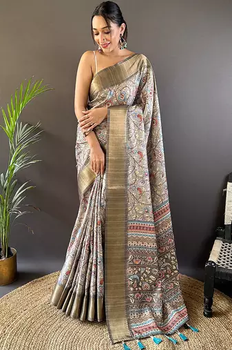 Grey printed assam silk printed saree with blouse