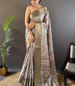 Grey printed assam silk printed saree with blouse