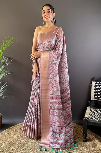 Lavender printed assam silk printed saree with blouse