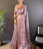 Lavender printed assam silk printed saree with blouse