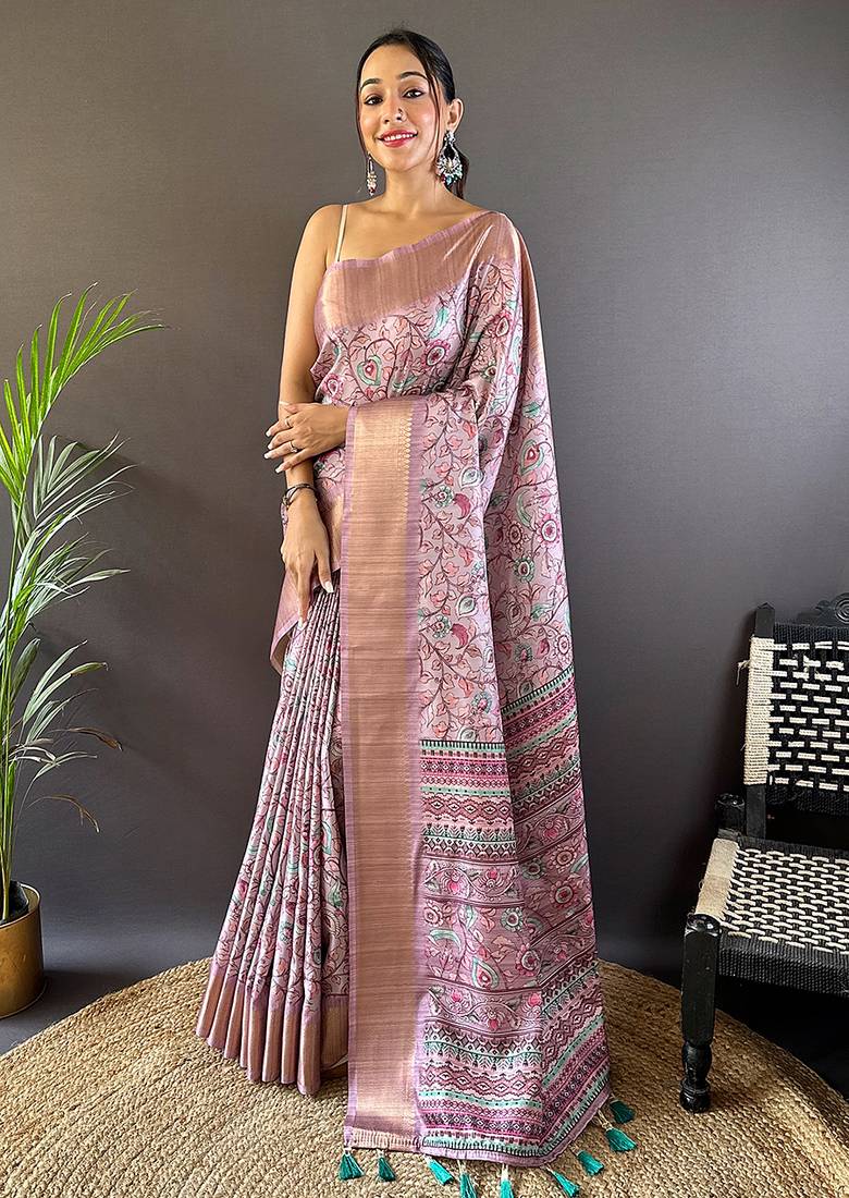 Lavender printed assam silk printed saree with blouse