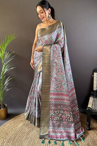 Sky blue printed assam silk printed saree with blouse