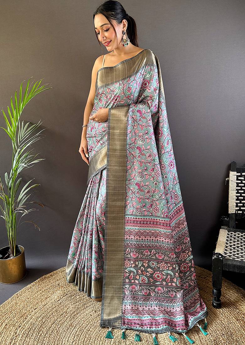 Sky blue printed assam silk printed saree with blouse