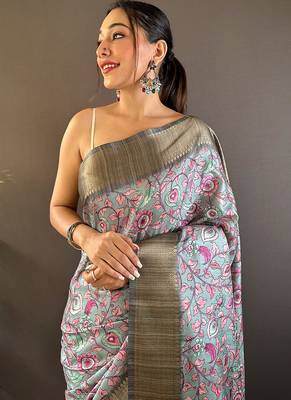 Sky blue printed assam silk printed saree with blouse 2