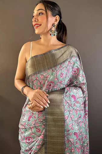 Sky blue printed assam silk printed saree with blouse