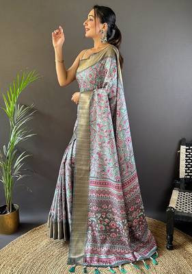 Sky blue printed assam silk printed saree with blouse 3