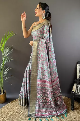 Sky blue printed assam silk printed saree with blouse
