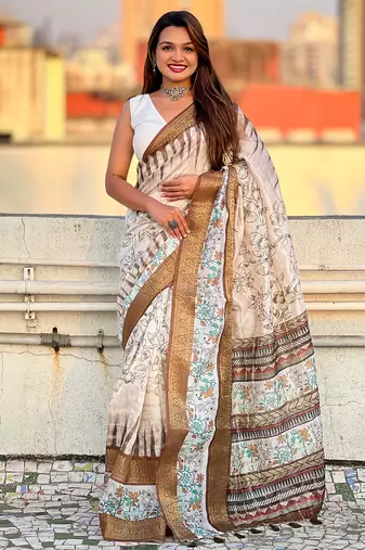 Brown printed chanderi crush printed saree with blouse