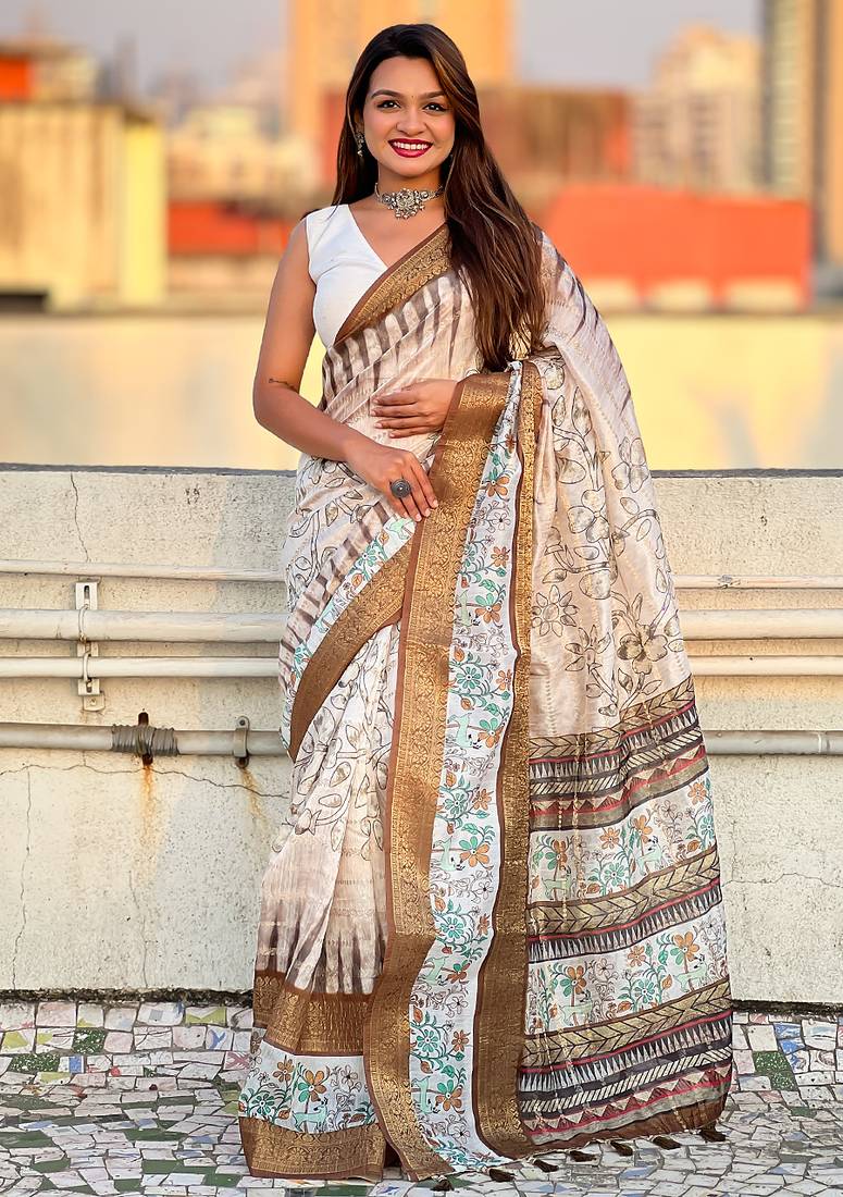 Brown printed chanderi crush printed saree with blouse