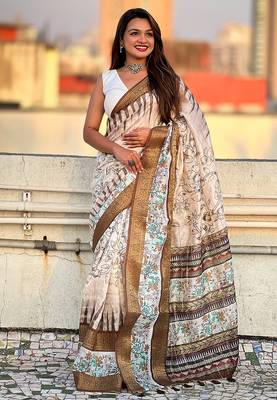 Brown printed chanderi crush printed saree with blouse 3